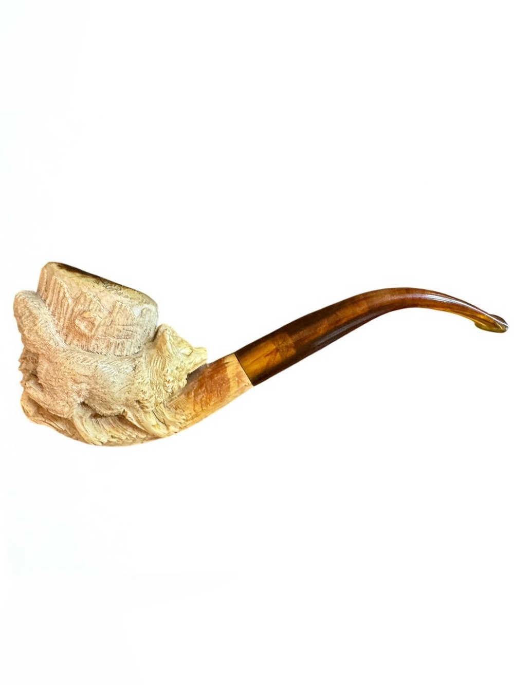 Vintage Hand-Carved Meerschaum Pipe – Wolf Relief (7”)